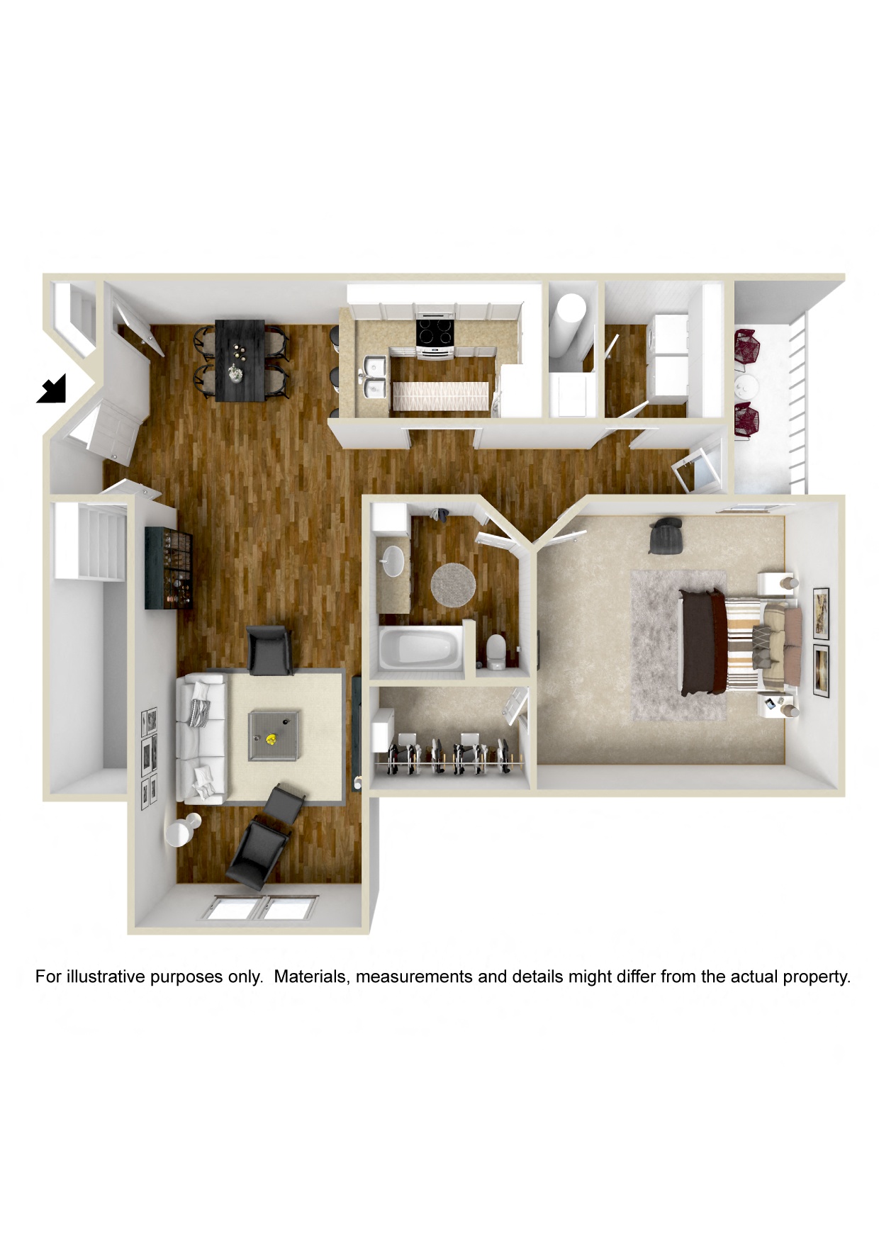 Floor plan for 1 bed, 1 bath, 1132 sqft